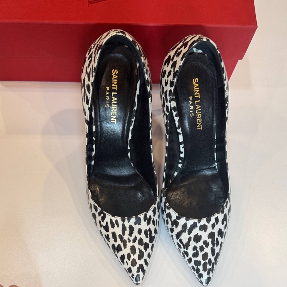 Yves Saint Laurent Black and White Animal Print Heels